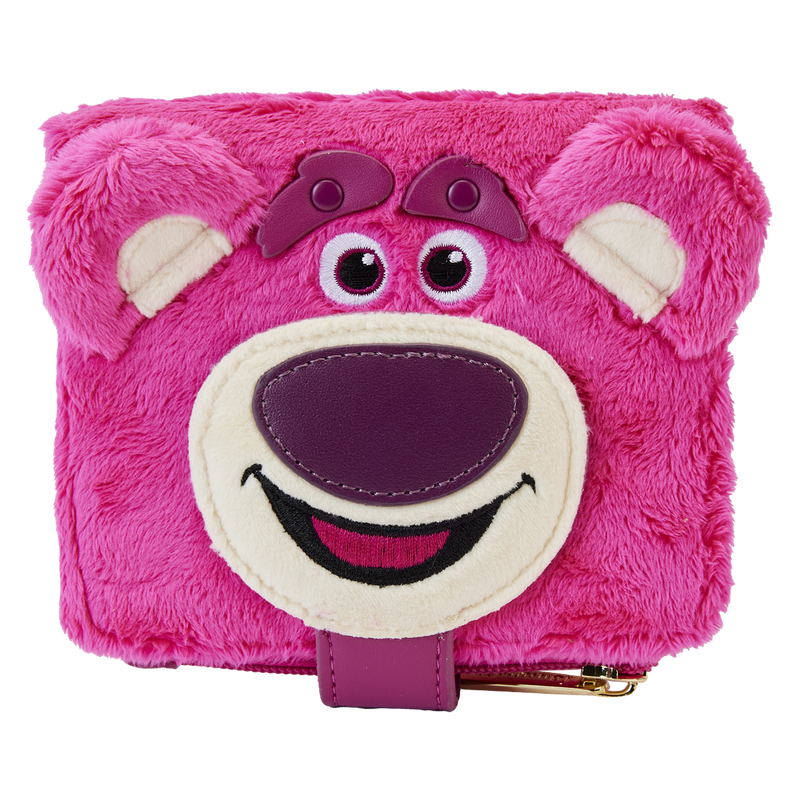 Image of the pink, plush Lotso wallet facing toward camera
